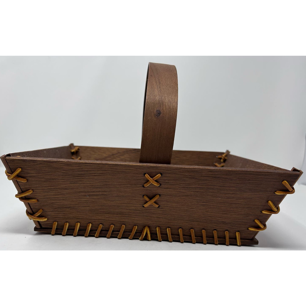 Handmade Stitched Wooden Basket with Handle 11 1/2" Long x 9 1/2" Wide x 3" Deep
